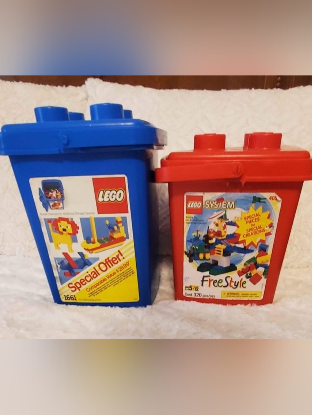2 Vintage Lego Tubs (empty) Blue & Red Containers Only